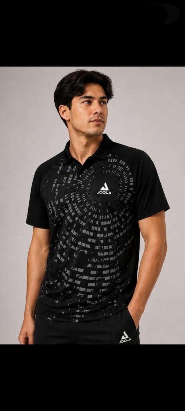 Joola Centrella Polo Black JOOLA Centrella polo black - grey tonal print table tennis shirt for men Pakistan