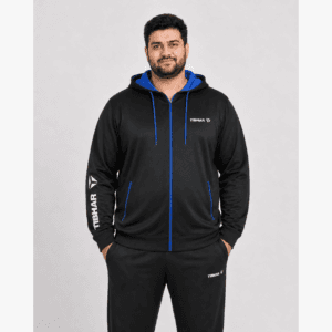 Black and blue hooded Tibhar training jacket in plus size