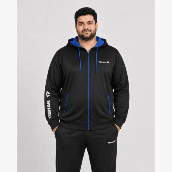 Plus Size trainng Jacket Black and blue hooded Tibhar training jacket in plus size