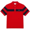 Red polo shirt for men Pakistan Red piqué cotton polo shirt with navy chest stripes flat lay - Global Hub Pakistan