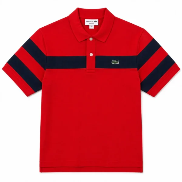 Red polo shirt for men Pakistan Red piqué cotton polo shirt with navy chest stripes flat lay - Global Hub Pakistan