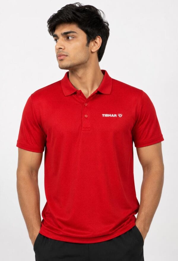 Tibhar dry fit red polo shirt worn by man Pakistan