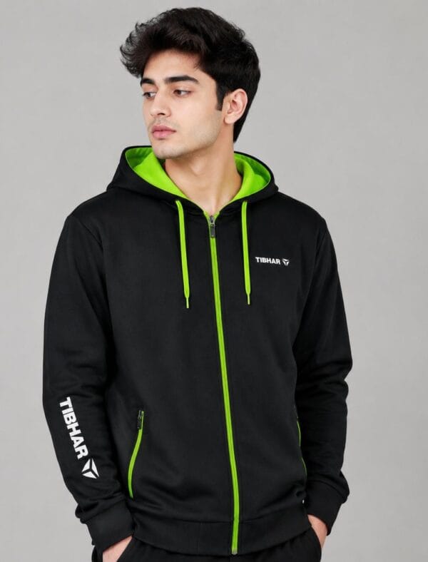 Tibhar training jacket Pakistan black hooded full zip neon green