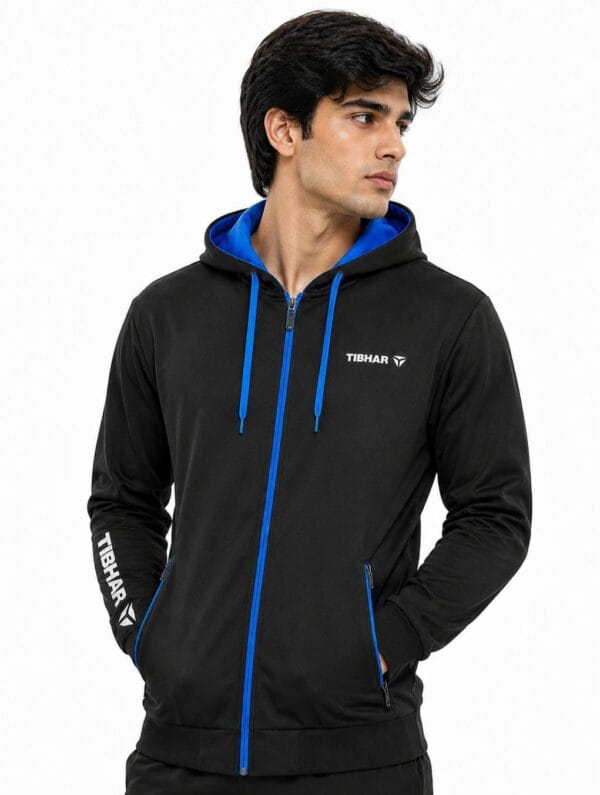 Tibhar Black & Blue Hooded Training Jacket Tibhar Training Jacket Pakistan-Black & Blue Hood | Export Surplus