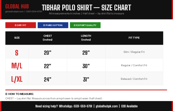 tibhar_size_chart Tibhar Polo Shirt for Men — Dry Fit Sports — Red and Navy