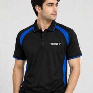 Black polo shirt with blue side panel and three button placket worn by a model