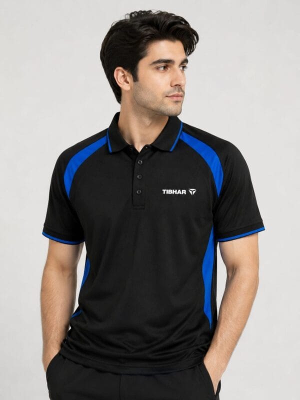 Black polo shirt with blue side panel and three button placket worn by a model