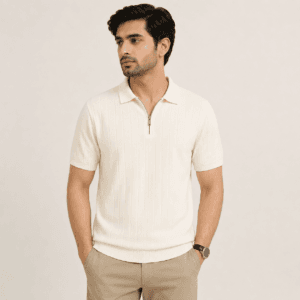 Drop needle Polo Off white Man wearing an off white half zip polo shirt in textured drop needle knit with beige chinos
