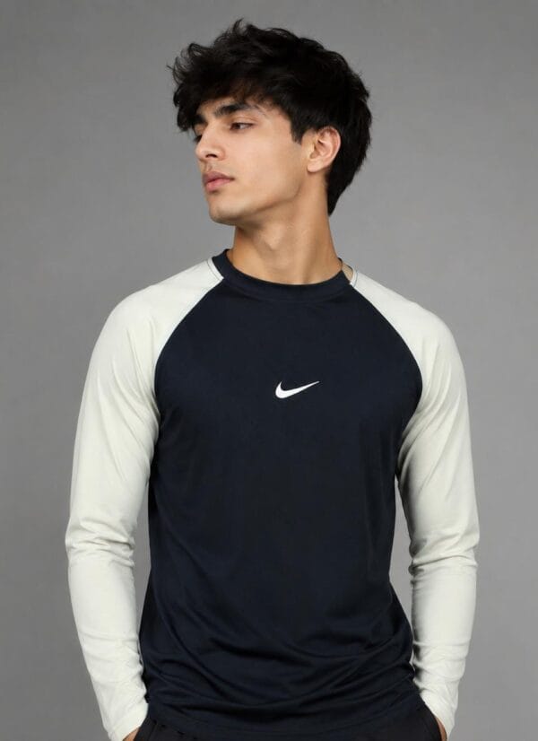 Full sleeve dry fit model Man wearing navy and lime dry fit raglan full sleeve shirt Pakistan - Global Hub