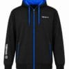 Main Black kids hooded jacket with blue lined hood and blue zips, Tibhar
