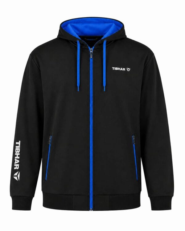 Main Black kids hooded jacket with blue lined hood and blue zips, Tibhar