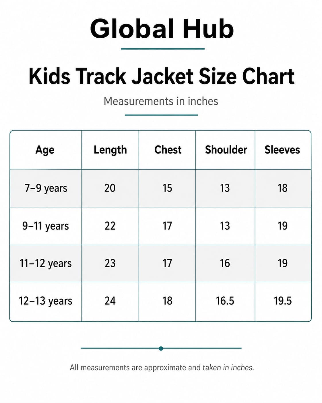 Size chart - Kids Sports Hoodie, Black and Green - Global Hub Pakistan