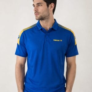 Royal blue polo shirt for men worn by a model, showing collar and two-button placket