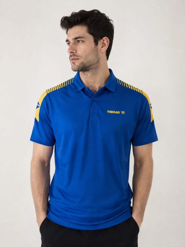 Royal blue polo shirt for men worn by a model, showing collar and two-button placket