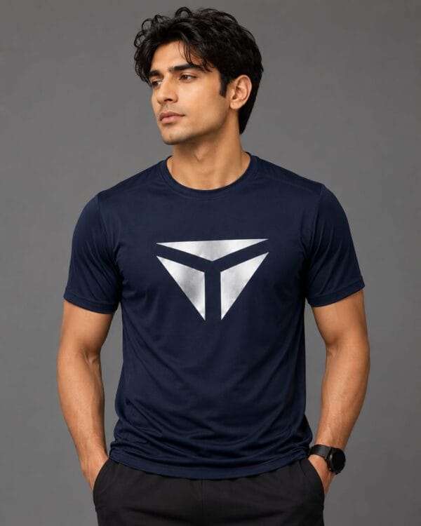 Tibhar Navy table tennis t-shirt with silver chest print, front view