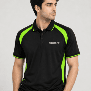 Black polo shirt with neon green side panels and tipped collar worn by a model