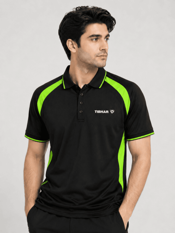 Tibhar Polo Black and Green Black polo shirt with neon green side panels and tipped collar worn by a model