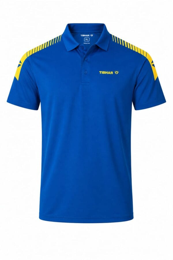 Royal blue polo shirt for men with yellow sublimated shoulder panels, front view