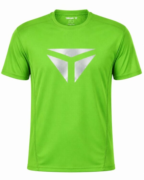 Green Tibhar table tennis t-shirt with silver chest print, front view