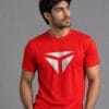 Red Tibhar table tennis cre neck t-shirt with silver chest print, front view model wearing shirt