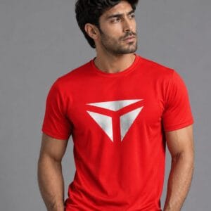 Red Tibhar table tennis cre neck t-shirt Red Tibhar table tennis cre neck t-shirt with silver chest print, front view model wearing shirt