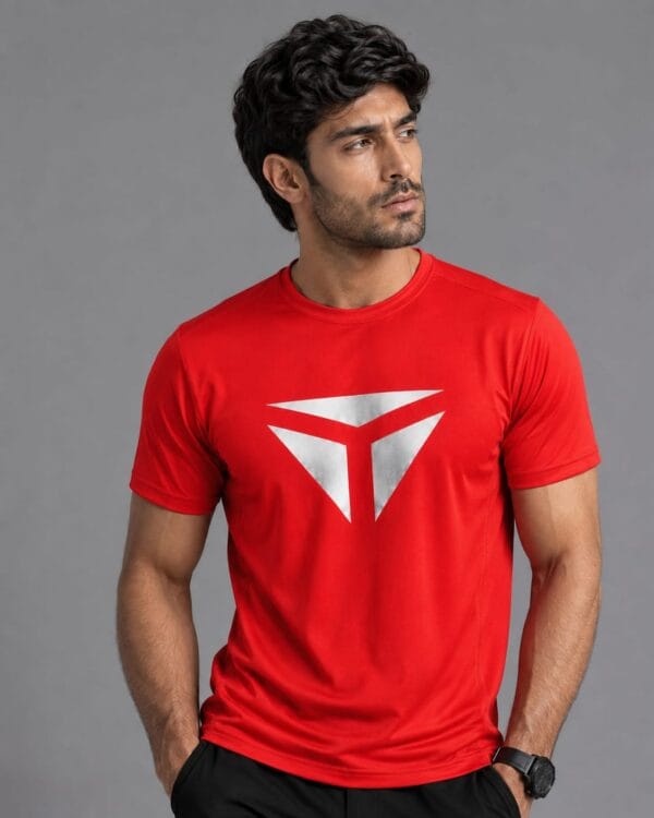 Red Tibhar table tennis cre neck t-shirt Red Tibhar table tennis cre neck t-shirt with silver chest print, front view model wearing shirt