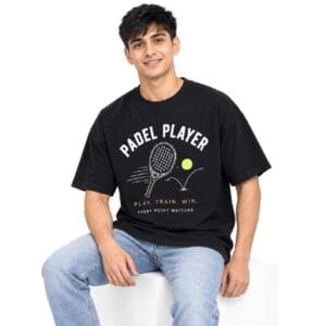 Black Padel t-shirt Sportlux Plus black padel t-shirt, seated front view on model