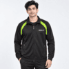 Tibhar plus size training jacket in black with green raglan shoulder panel, worn by model