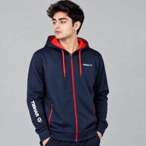 Hooded Training Jacket Navy and Red Tibhar hooded training jacket in navy with red lined hood, red drawcords and full zip, worn by model