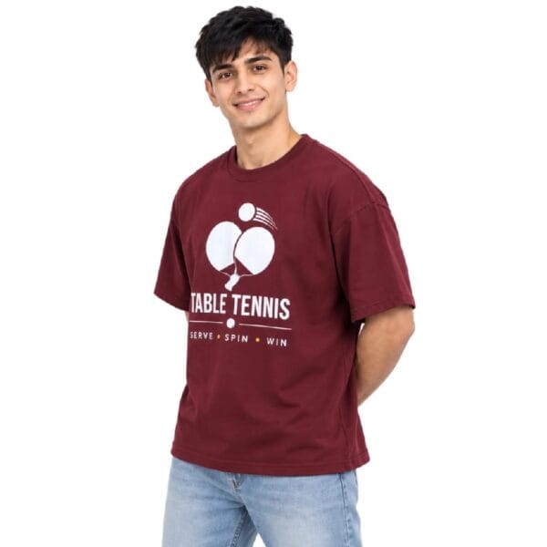 Sportlux Plus maroon table tennis shirt, three quarter view on model