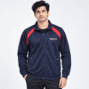 Tibhar plus size training jacket in navy with red raglan shoulder panel, worn by model