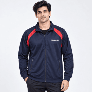 Navy and Red Track Jacket Tibhar plus size training jacket in navy with red raglan shoulder panel, worn by model
