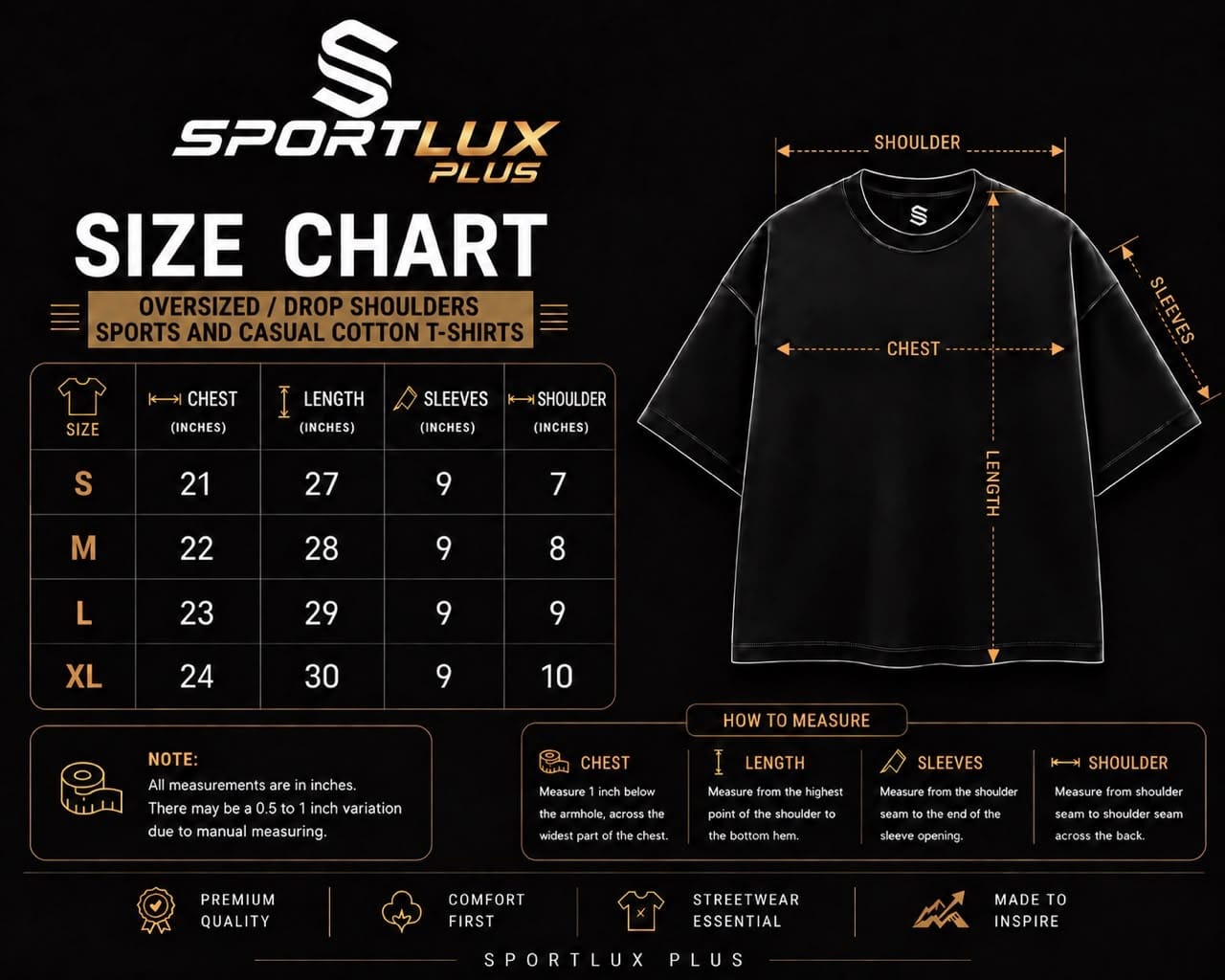 Size chart - Sportlux Plus Olive Padel T-Shirt in Cotton, Oversized Dropped Shoulders - Global Hub Pakistan