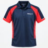 Navy and red polyester mesh polo shirt with three-button placket and ribbed collar