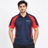 Man wearing navy and red sports polo shirt for racket sports, front view