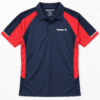 Navy and red sports polo shirt, flat lay showing red raglan panels