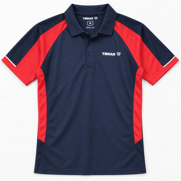 Navy and red sports polo shirt, flat lay showing red raglan panels