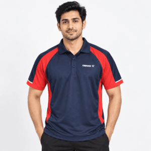 Sports Polo Shirt Man wearing navy and red sports polo shirt for racket sports, front view