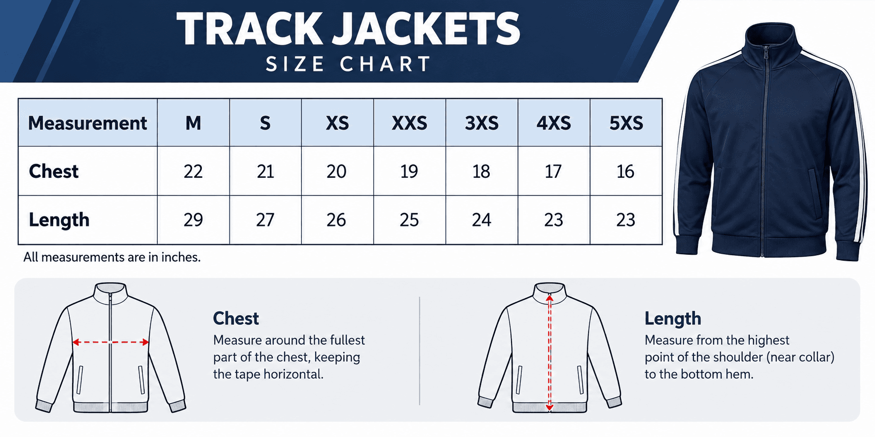 Size chart - Training Jacket for Men, Full Zip Raglan, M to 5XS - Global Hub Pakistan