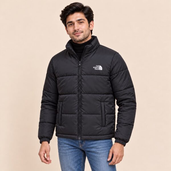 Black Puffer Jacket with model front view
