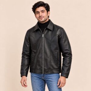 Black faux leather jacket with model