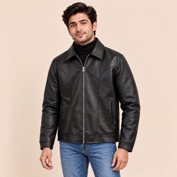 Black faux leather jacket with model