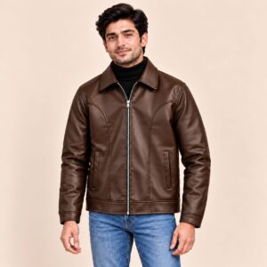 Brown faux leather jacket with model