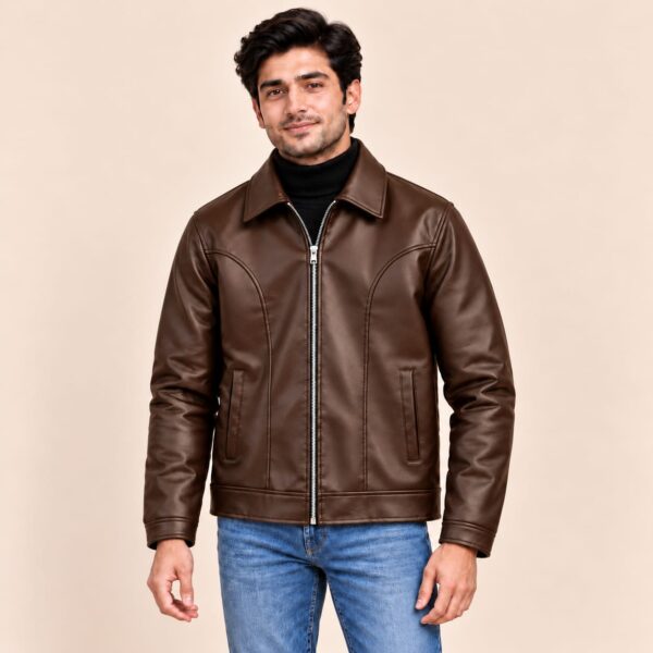 Brown faux leather jacket with model