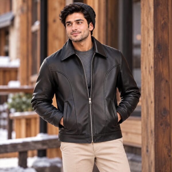 Man wearing a black faux leather jacket with a point collar