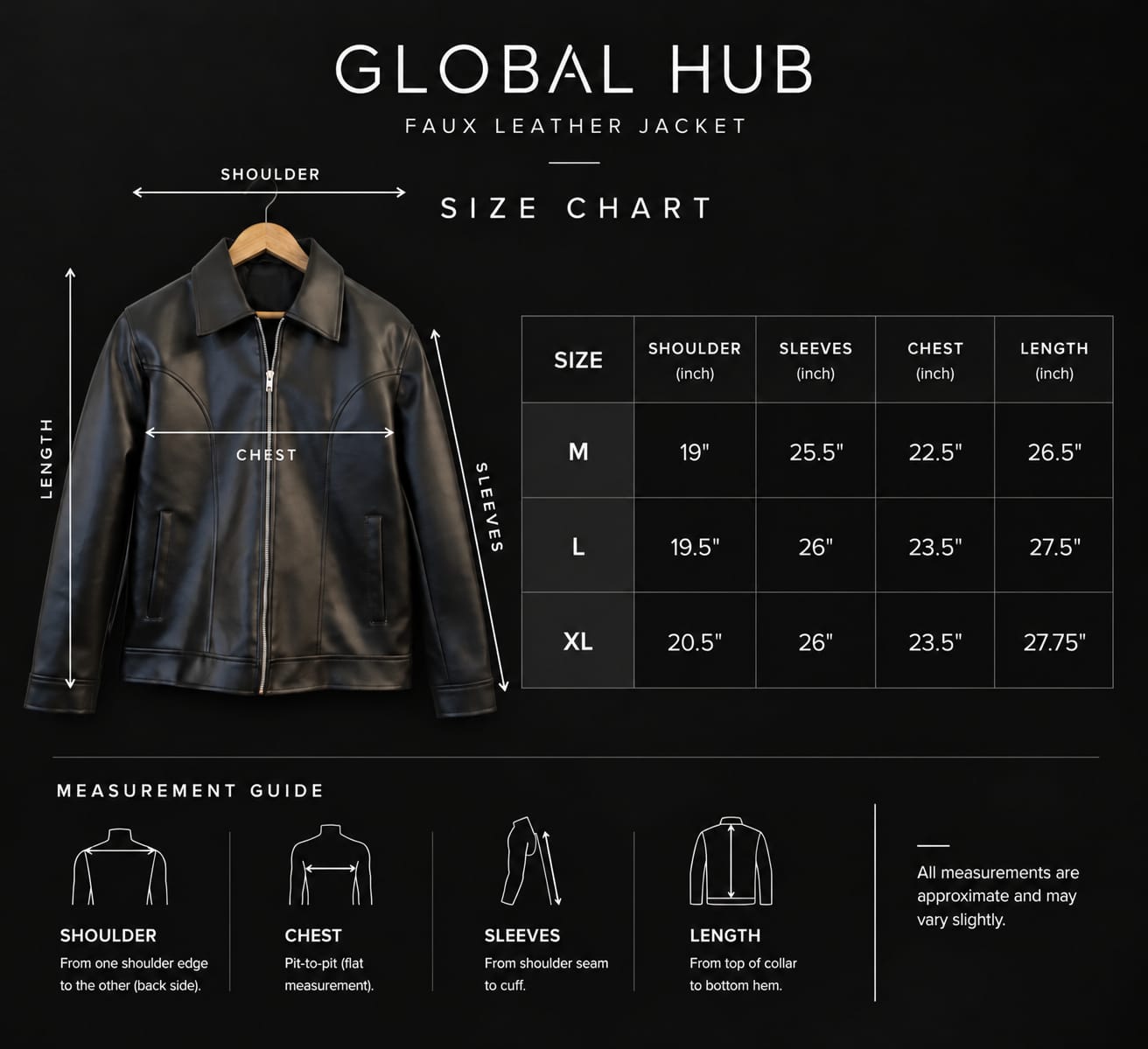Size chart - Black Faux Leather Jacket for Men, Quilted Lining - Global Hub Pakistan