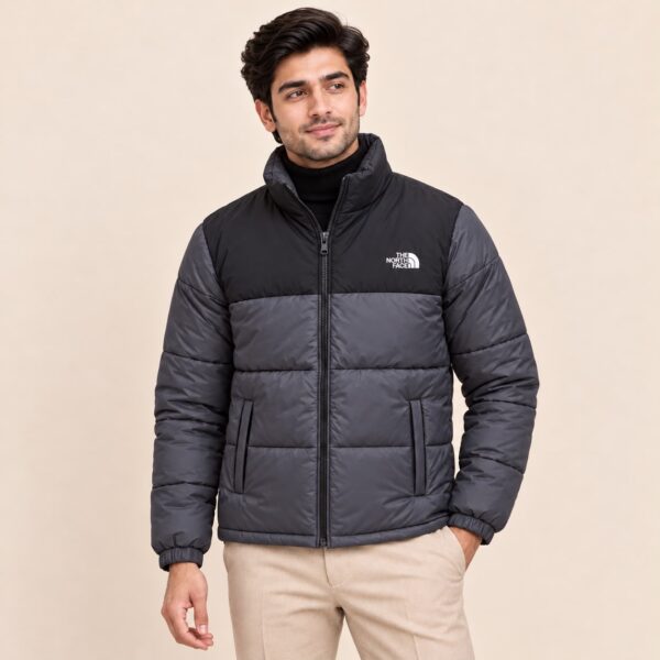 Gray puffer Jacket with model front