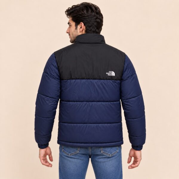 Navy Puffer Jacket with model backside