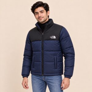 Navy Puffer Jacket with model front Navy Puffer Jacket with model front