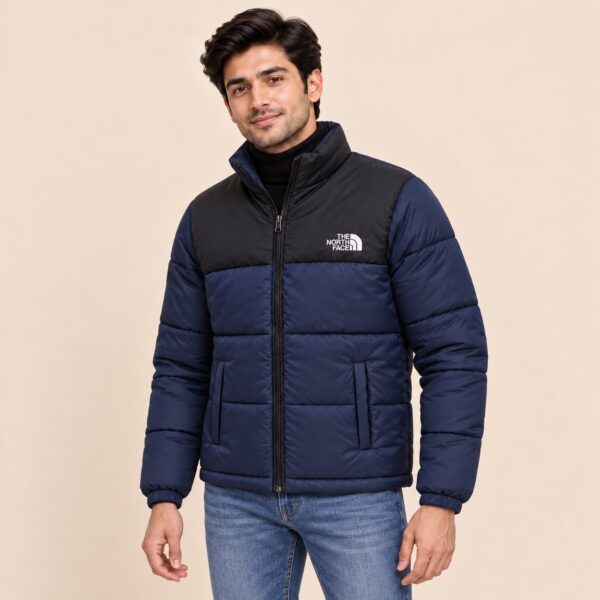 Navy Puffer Jacket with model front